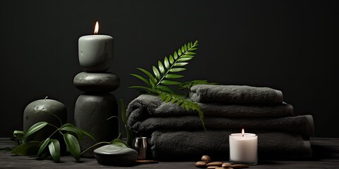 Fototapeta na wymiar Amidst lush ferns, a towel is placed alongside flickering candles and black hot stones, creating a serene oasis perfect for unwinding and rejuvenation.
