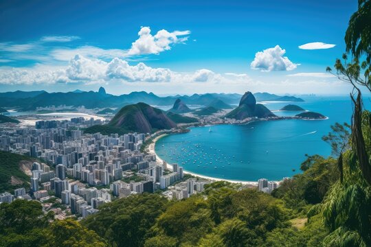 Behold the awe-inspiring panoramic view of a vibrant city meeting the vast expanse of the ocean in one breathtaking scene, Panoramic view of Rio de Janeiro from atop Sugarloaf Mountain, AI Generated