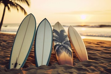 Surfboards on the beach with palm trees in the background. Surfboards on the beach. Vacation...