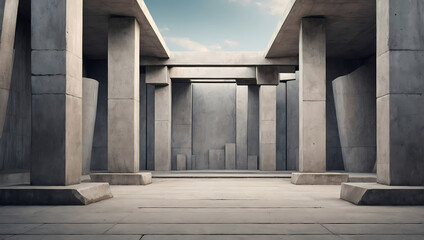 Cubist-inspired 3D concrete pillars forming a balanced background.