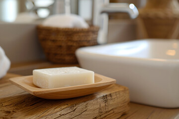 Obraz na płótnie Canvas soap on a towel near a bath, bathroom ad. European or french modern hotel ad. porcelain sink, white