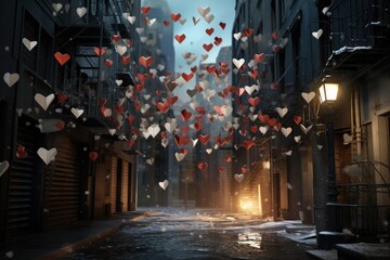 A vibrant scene of a city street filled with countless hearts soaring through the air, Paper hearts fluttering down on a city street, AI Generated