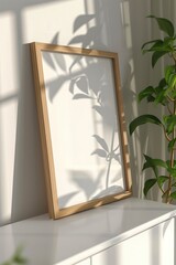 A4 Sized Wooden Frame Mockup Leaning on a White Drawer Against a Bedroom Wall, Reflecting the Soft Glow of Windows