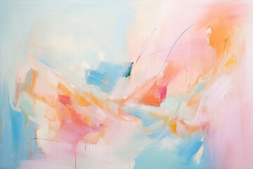 A vibrant abstract painting featuring a variety of colors on a background of blue, pink, yellow, and white, Pastel hued abstract painting, AI Generated