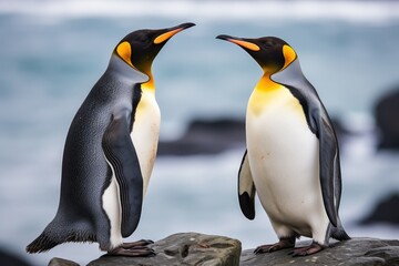 A pair of penguins gracefully stands on top of a rock, seemingly at ease in their natural surroundings, Penguins communicating by their unique calls, AI Generated
