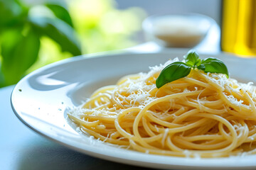 food ad, spaghetti with sauce. Italian dish, cuisine. European minimalistic food. copy space. wooden table. ad or commercial for a restaurant or cafe menu