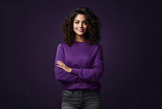 A charming flyer featuring a portrait of a female fashion model wearing an elegant outfit, on a striking purple background.