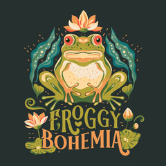 Ornate Boho Frog Print For Card And Shirt. Art Deco Frog Pond Animal, Art Design Floral Detailed Vector