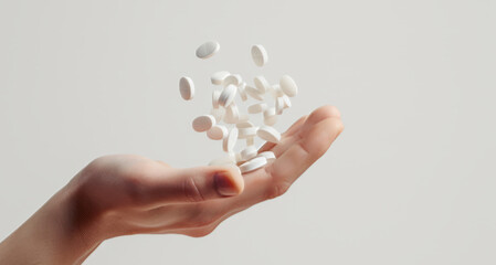 pills falling from palm on white background
