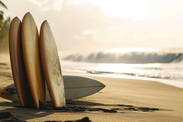 Surfboards on the beach at sunset, shallow depth of field. Surfboards on the beach. Vacation...