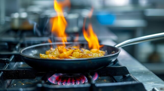 image vividly captures a frying pan on a gas stove with the fire lit, showcasing a dish being actively prepared