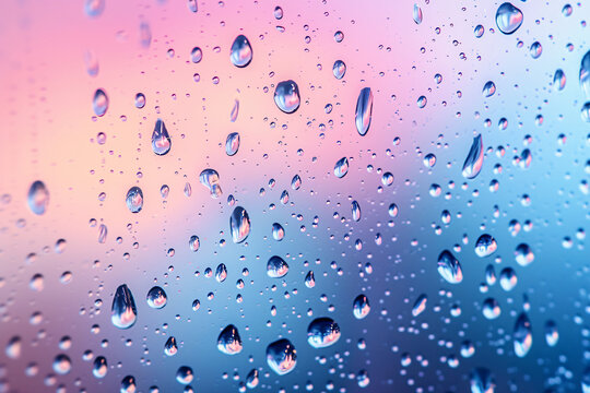 Water droplets on glass with pink to blue gradient background