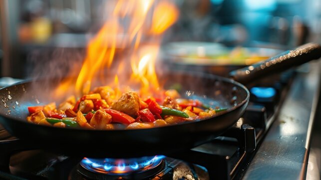 image vividly captures a frying pan on a gas stove with the fire lit, showcasing a dish being actively prepared