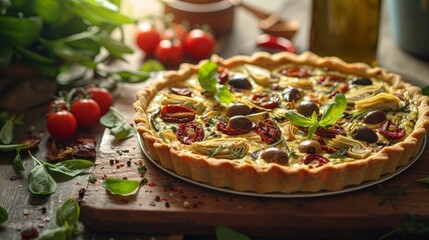 captures a golden, organic, and healthy crispy pie quiche with artichokes, dried tomatoes, and olives, beautifully presented on a table