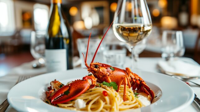 elegantly presents a haute cuisine dish of spaghetti with lobster and buffalo stracciatella