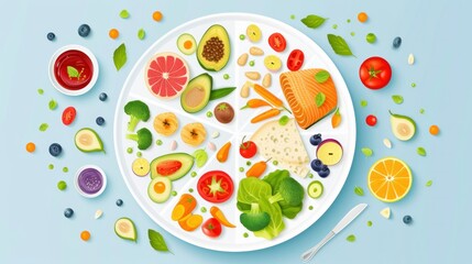 infographic on healthy diet recommendations, depicting the ideal contents of a dinner plate