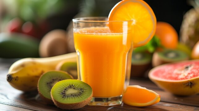 image captures a close-up view of a refreshing glass of fresh juice surrounded by an assortment of fruits on a table