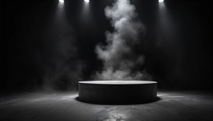Product Spotlight, Illuminated Podium in Dramatic Lighting, Presentation, Showcase, Black and White Photography