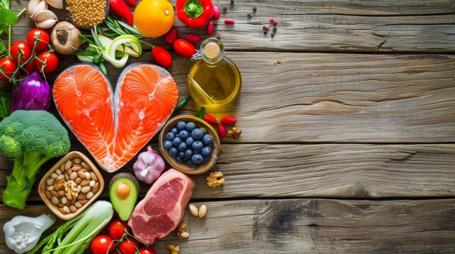 conceptual image illustrates healthy foods arranged in a heart shape against a backdrop of vintage wooden boards