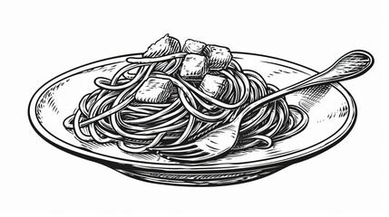 Italian pasta. Spaghetti on a plate, fork with spaghetti Vector engraving style illustration