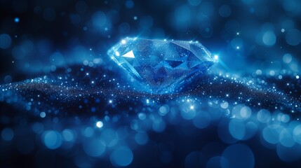 Glowing Blue Diamond on a Sparkling Surface