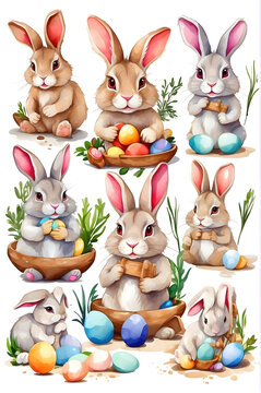 Generative AI image of easter rabbits with colorful eggs in watercolors, stickers.