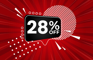 28% off. Red banner with 28 percent discount on a black balloon for mega big sales. 28% sale