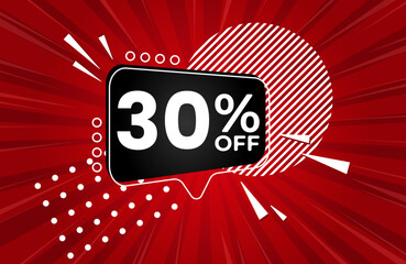 30% off. Red banner with 30 percent discount on a black balloon for mega big sales. 30% sale