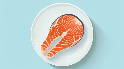 Plate with salmon steak isolated on blue background. 