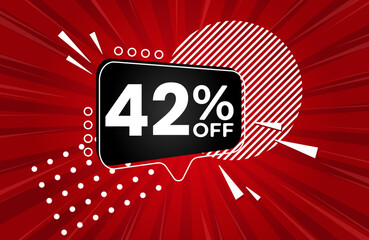 42% off. Red banner with 42 percent discount on a black balloon for mega big sales. 42% sale