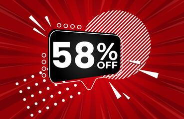 58% off. Red banner with 58 percent discount on a black balloon for mega big sales. 58% sale