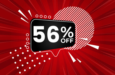 56% off. Red banner with 56 percent discount on a black balloon for mega big sales. 56% sale