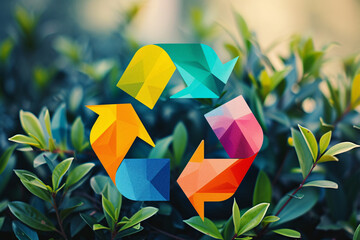 Colorful recycle symbol among green leaves in daylight