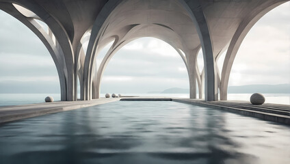 Floating 3D bridges and pillars with an architectural concrete-inspired texture.