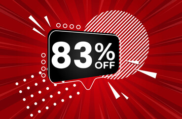 83% off. Red banner with 83 percent discount on a black balloon for mega big sales. 83% sale