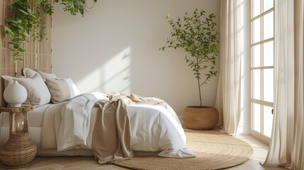 Serene bedroom interior with natural light and green plants enhancing tranquility.