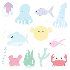 Sea life. Underwater world. Fish, jellyfish, seabed, seaweed, octopus, squid, fugu fish. Vector flat illustration and set of icons