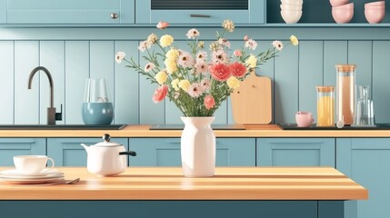 Stylish cuisine with flowers in vase. Wooden kitchen in easter decor