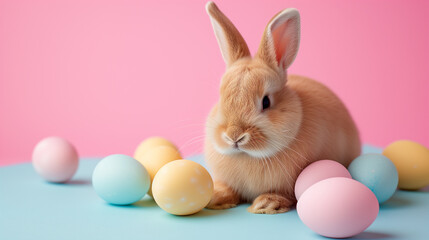 Naklejka na ściany i meble Cute bunny with colorful eggs on plain background. Easter background.