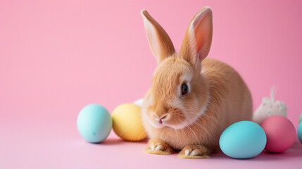 Fototapeta na wymiar Cute bunny with colorful eggs on plain background. Easter background.