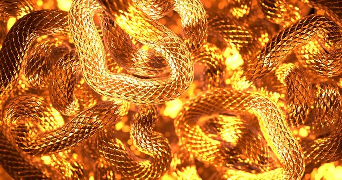 Glass, glowing gold color, snake scales animation. looped 3d animation.