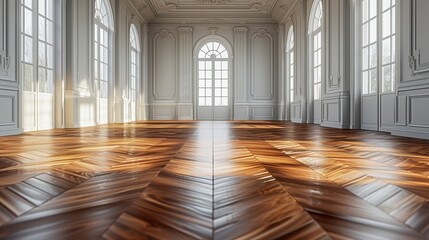 Sunlit spacious room with detailed wooden herringbone floor