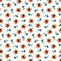 Colourful flowers and green leaves Watercolor seamless pattern. Background in Chinese style for decor, cards, logo, banners, cover, wrapping paper.