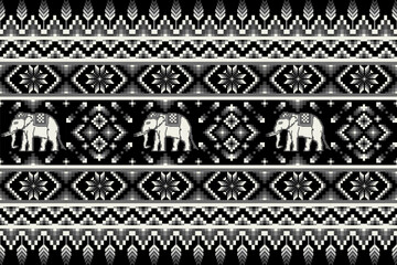 Ethnic Thai Elephant Monotone Seamless Pattern.  Pixel art vector design for fabric, carpet, tile, wrapping, embroidery, wallpaper, and background 