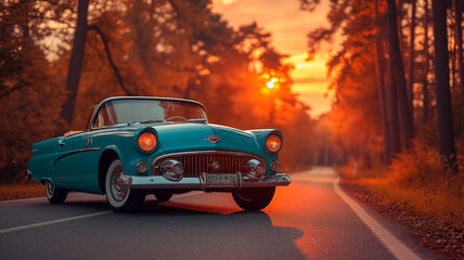 Vintage Car Ride at Sunset - Classic Elegance on the Road