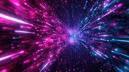 Vibrant abstract image of pink and blue light particles rushing towards the viewer, creating a sense of high speed.