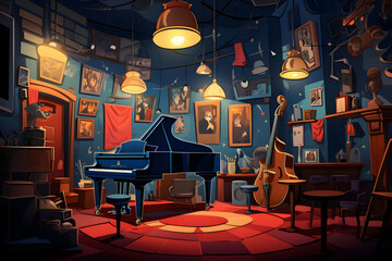 Cartoon jazz club, blues club, musicians making music in a bar, cartoon music bar