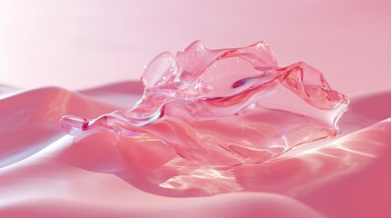 An abstract, crystal-like structure resembling an iceberg, rendered in shades of pink on a reflective surface, blending art and nature themes.