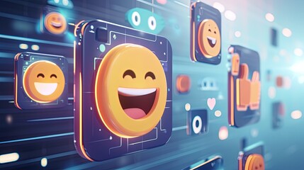 Digital 3D of vibrant emojis and social media icons floating in a virtual interface space with a dynamic, engaging atmosphere.