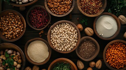 Top-down view of various legumes and nuts like chickpeas, lentils, and almonds, neatly presented in wooden bowls, perfect for a healthy diet theme.